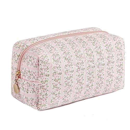 Makeup Bag Quilted,Cotton Cosmetic Pouch,Large Make Up Bag for Women,Cute Flower Travel Toiletry Bag Organizer Portable for Purse,Floral Pink - Image 1