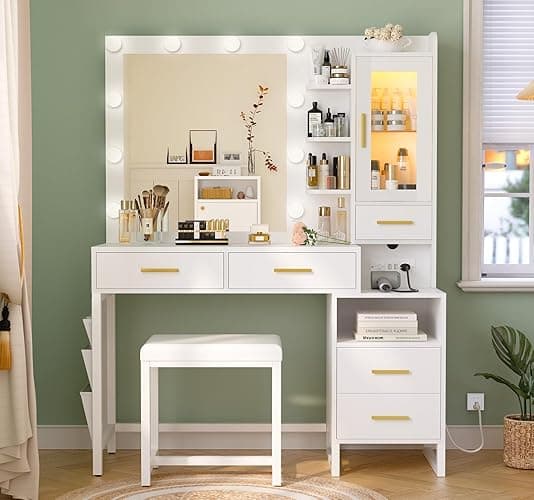 White Vanity Desk with Lighted Mirror and Chair, Makeup Vanity with Charging Station, 5 Drawers Vanity Table Set with LED Cabinet & Storage Bag, Makeup Dressing Table for Girls Women - Modern White thumbnail 8