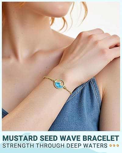 Eryuor Strength Encouragement Gifts-When You Go Through Deep Waters Isaiah 43:2 Mustard Seed Wave Bracelet for Women Her thumbnail 2