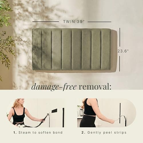 Hearth & Harbor Upholstered Twin Headboard - Easy Assemble Channel Stitched Headboard Twin Size - Wall Mounted Headboards with 3D Soundproof Wall Panels Peel & Stick Floating Headboards, Olive Green thumbnail 2