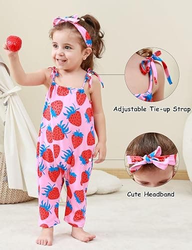 Lindanina Toddler Baby Girls Romper Sleeveless Jumpsuit Summer Clothes Adjustable Tie-Up Strap with Pocket Headband 1-5T thumbnail 6