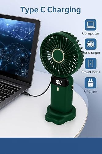 AMPMG LED Digital Display Rechargeable Fan – Portable Handheld & Desk Fan with Adjustable Speeds, USB Charging, Quiet Operation, and Base Stand for Home, Office, Travel and Outdoor Use (Green) thumbnail 3