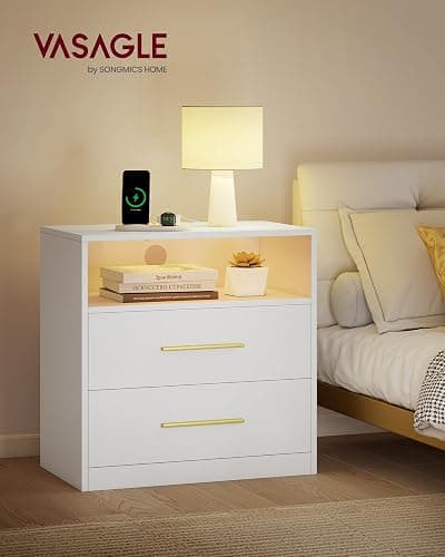 VASAGLE 23.6 Nightstands, LED Lights, Charging Station, 2 Drawers | Bedside Table, End Table for Bedroom, 23.6 x 13.8 x 24.1 inch, Cloud White, CUSTOS Collection ULET639WB01S thumbnail 2