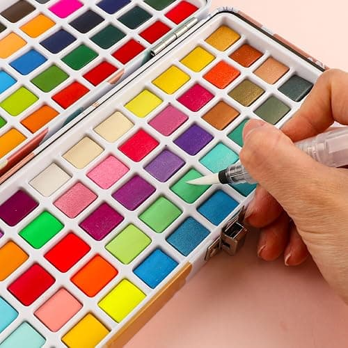 Grabie 100 Colors Watercolor Paint Set，Pack of 50 Regular, 35 Metallic, 10 Macaron and 5 Fluorescent Colors， Portable Metal Case, Water Brush Pens, and Accessories， For Beginners and Professionals thumbnail 4