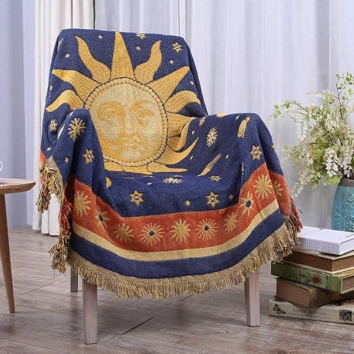 Erke Moon and Sun Throw Blanket Celestial Chair Recliner Cover Bed Spread Hippie Room Decor, Double Sided Cotton Woven Sofa Couch Furniture Aesthetic Witchy Throws - 50" X 70", Yellow/Blue - Image 1