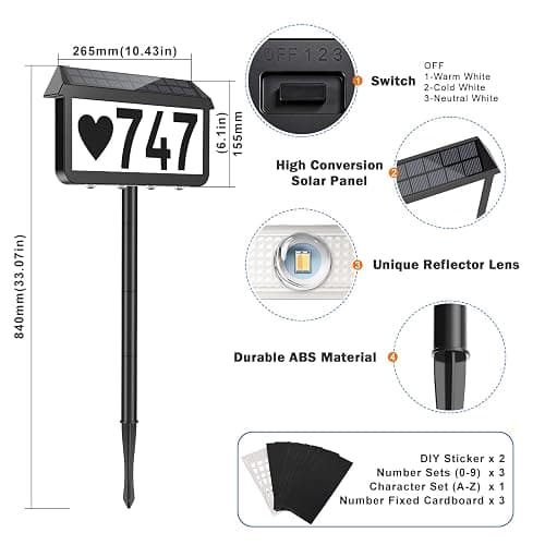 Brightever Solar Address Signs, House Number for Outside Waterproof | 3 Lighting Modes with Stake, Wall Mounted/In Ground, for Outside Yard Home, 1-Pack Black thumbnail 2