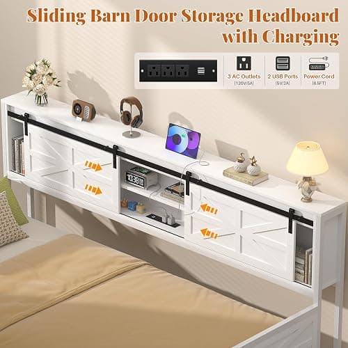 Homieasy Daybed with Trundle, Farmhouse Twin Day Bed with Bookcase Headboard and Charging Station, Heavy Duty Metal Sofa Bed Frame with Pop-up Trundle Bed for Living Room, Bedroom, White thumbnail 4