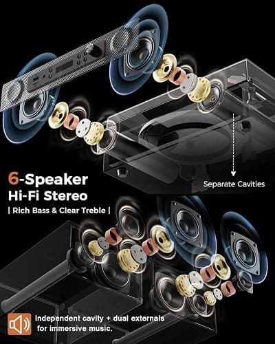 Vinyl Record Player with 4+2 External Stereo Speakers Bluetooth 3-Speed Belt Drive Turntable for Vinyl Records Two Speakers USB/SD Recording RCA Headphone Out& AUX-in, Vintage Black Wood thumbnail 4