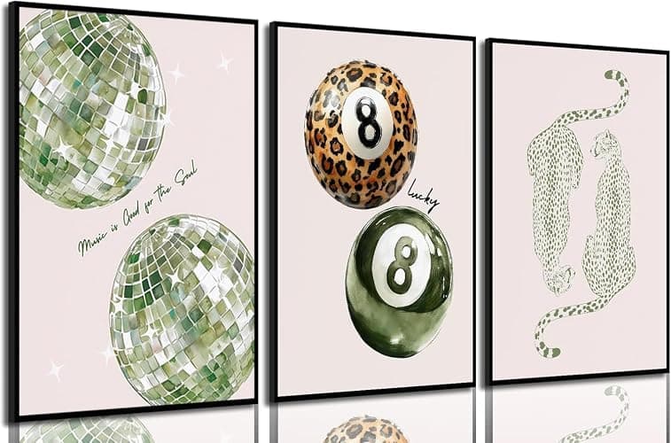 Sage Green Trendy Cheetah Canvas Wall Art Preppy Leopard Print Lucky 8 Ball Poster Y2k Cheetah Room Wall Decor Coquette Poster Aesthetic Fashion Pictures for Bedroom Dormitory 16x24x3 Inch Unframed - Image 1