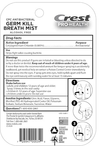 Crest Pro-Health | Portable Alcohol-Free CPC Mist with Clean Mint Flavor | Instant Fresh Breath - 3 Count (0.24oz/7ml) Breath Spray thumbnail 5