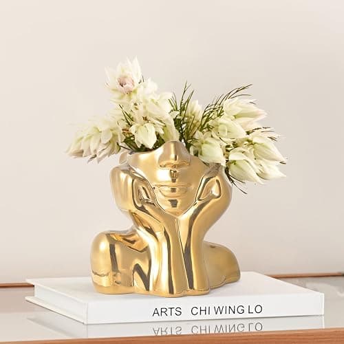 Gold Ceramic Human Face Decorative Vase - Shy Posture Modern Art Desktop Display for Bookshelf, Living Room, Office, Bedroom - Image 1