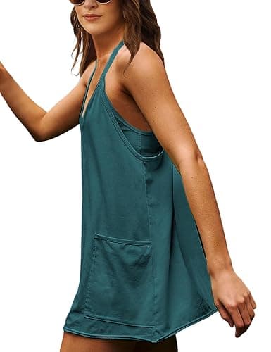 Lentta Womens Athletic Sleeveless Mini Dress with Built-in Shorts V Neck Spaghetti Strap Sundress thumbnail 3
