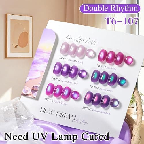 Double Rhythm Cat Eye Gel Nail Polish Set of 6 Same Color Same Bottle 0.5 Oz Shimmer Glitter with Magnet Holographic Magnetic UV Nail Polish Kit (Blush Fuchsia Magenta Purple Violet Lavender -T6-107) thumbnail 5
