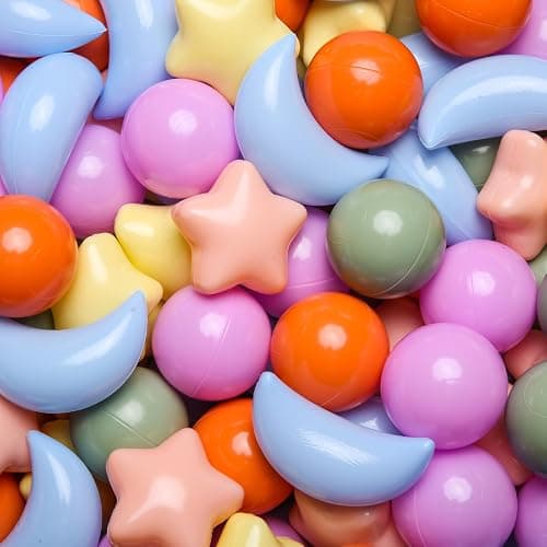 GOGOSO Ball Pit Balls Stars Moon Shapes Plastic Pitballs for Toddler Play Tent Baby Photo Props Kids Pool Water Toys Kiddie Pool Party Decor,Orange Green Blue,100pcs - Image 1