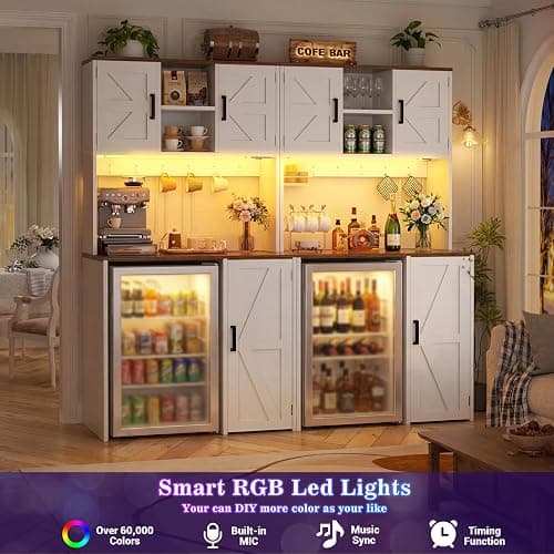 Unikito Mini Fridge Cabinet with Storage, Outlet and LED Light, White | 74" Coffee Bar Cabinet, Liquor Wine Bar Stand with Mini Fridge Space & Microwave Shelf, Beverage Station for Home Kitchen thumbnail 3