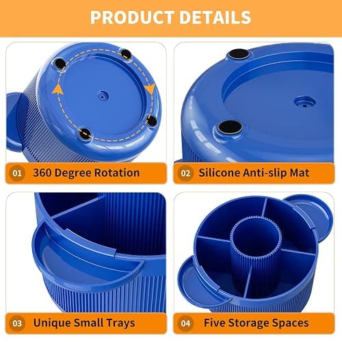 360 Degree Rotating Desk Organizer, Pencil Pen Holder with 5 Compartments and Tray Accessories, Desktop Supplies Organizers, Smooth Rotating Pen Holder Apply for Home, Office, School (Dark Blue) - Dark Blue thumbnail 6