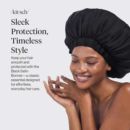 Kitsch XL Satin Bonnet for Sleeping - Softer Than Silk Bonnet For Sleeping Women - Secure Fit, Adjustable, Night Cap For Curly & Textured Hair - Prevents Breakage, Tangles & Thinning - Black thumbnail 2