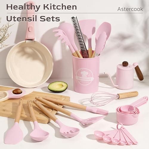 Astercook Kitchen Utensils set, 39 PCS Silicone Cooking Utensils Set with Wooden Handle, 446°F Heat Resistant Food Grade Utensil Sets, BPA Free Kitchen Gadgets Tools Set for Nonstick Cookware (Pink) thumbnail 2