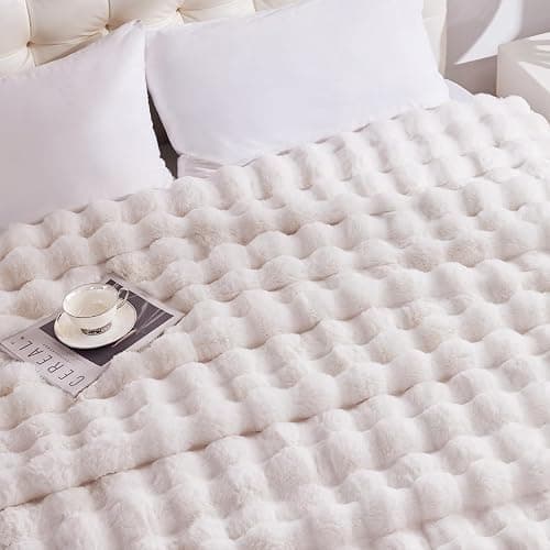Anysay Heated Blanket Throw with 1/2/4/6/8 Hours Auto-Off 10 Heat Level, 50'' * 60'' Cozy Faux Rabbit Fur Bubble Electric Blanket with Overheat Protection(White) thumbnail 5