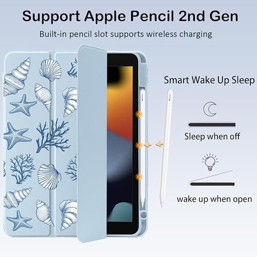BlHMCASE Cute Sea Shell Conch for iPad Air 13 Inch Case M3 2025/M2 2024 with Pencil Holder, Auto Sleep/Wake, Blue Leather Clear Acrylic Back Cover thumbnail 3