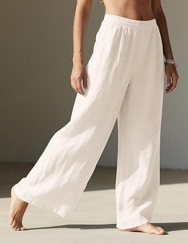 LOMON Linen Pants Women Wide Leg Palazzo Summer Flowy Pants Beach Vacation Clothes Elastic Waist Travel Trousers with Pockets thumbnail 3