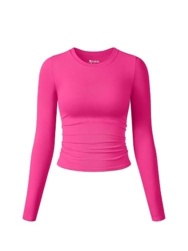 OQQ Womens Shirts Long Sleeve Crew Neck Ruched Stretch Basic Fitted Tee Shirts Tops - Image 1