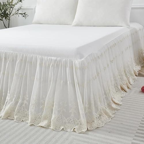 Brandream Luxury Ivory White Lace Bed Skirt Queen Size Split Corners Romantic Vintage Girls Bed Cover Dust Ruffle Bed Skirts 18 Inch Drop thumbnail 6