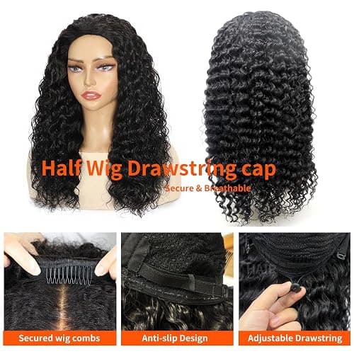 XSY Half Wig Human Hair Deep Wave 20 Inch Curly Human Hair Half Wig Drawstring Glueless Wear Go Half Wigs for Black Women 3 In 1 Seamles Flip Over Beginner Friendly 180% Density Natural Black Colour thumbnail 2