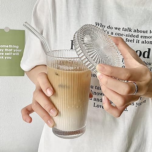 YAHUIPEIUS Glass Tumbler Stripe Glass Cup Coffee Cup With Lid and Straw LIDS DON'T SECURE 12.5 oz Drinking Glasses for Water,Iced Coffee,Milk,Tea,Juice (A-Stripe) thumbnail 7