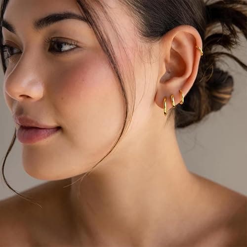 Small Gold Huggie Hoop Earrings Set for Women Men Hypoallergenic 14K Plated Stack Cartilage Earrings, Multiple Piercing Lightweight Mini Thin Cute Dainty Trendy Jewelry Set Christmas Gifts for Women thumbnail 3
