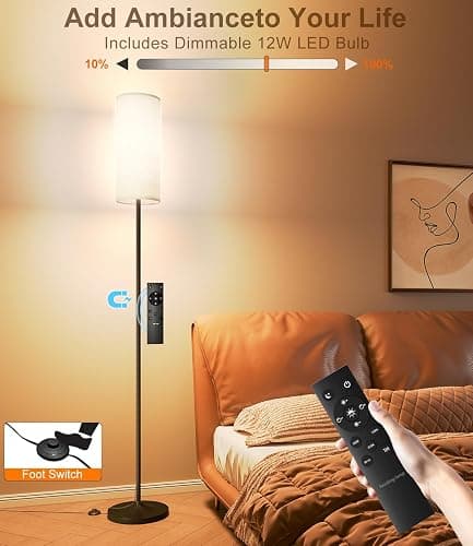 luckystyle Dimmable Floor Standing Tall Lamp, 12W Led Bulb with Lampshade, Foot Switch, Remote Custom Color Temperature Pole for Bedroom, Office, Kids & Living Room, Black thumbnail 2