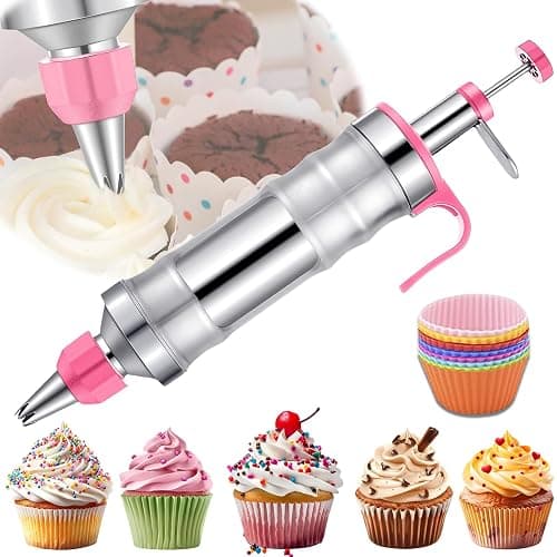 Hendiy Dessert Decorating Syringe Set, Frosting Piping Kit Stainless Steels Cake Decorating Kit with 6 Piping Tips & 9 silicone cupcakes, Cupcake Decorating Kit Piping Bags and Tips Set - Image 1