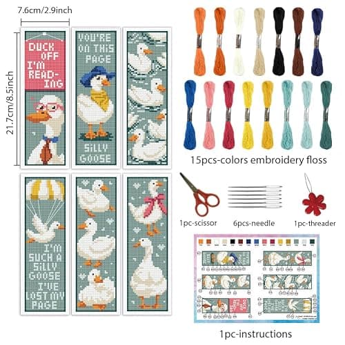 INFUNLY 6PCS Duck Cross Stitch Bookmark Kit for Beginners 2.99''×8.54'' Duckling Stamped Embroidery Bookmark Kits with Words Animals Needlepoint Bookmark Kit with Instruction for Book Lovers Readers thumbnail 2