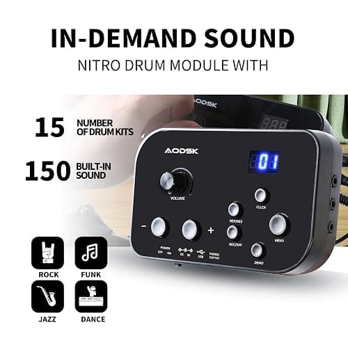 AODSK Electric Drum Set for Beginner Kids with 150 Sounds,4 Quiet Drum Pads,2 Pedal,Throne,Sticks,Electronic Drum with Headphone,AED-400 thumbnail 3