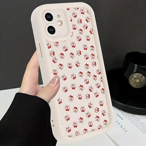 Zrutru 2 Pack Cherry Phone Case for iPhone 12 mini 5.4",Cute Aesthetic Cases Kawaii Bow Design Pattern Cover for Girls Women,Beige Soft Anti-Scratch Shockproof Protection Funda for iPhone 12 mini thumbnail 5