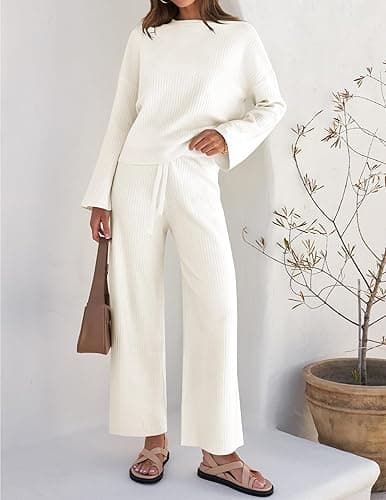 ZESICA Women's 2 Piece Outfits Set 2025 Casual Long Sleeve Knit Pullover Top and Wide Leg Pants Sweatsuit Lounge Sets - Small - Cream thumbnail 2