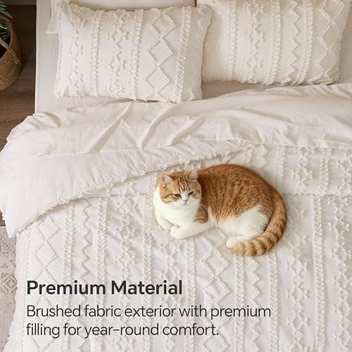BEDELITE Queen Comforter Set 7 Pieces Cream White - Tufted Boho Bed in a Bag,Farmhouse-Style Embroidery Bedding for All Seasons,Soft Comforter with Sheets, Pillowcases & Shams thumbnail 5