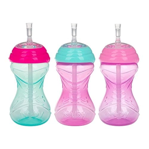 Nuby 3 Piece No-Spill Easy Grip Cup with Flex Straw, Clik It Lock Feature, Girl, 10 Ounce - Image 1