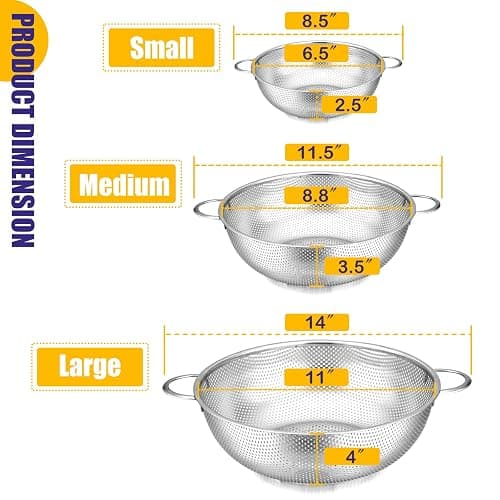 E-far Stainless Steel Colander Set of 3 (1-3-5Quart), Micro-Perforated Metal Colander Strainer with Handle for Kitchen/Draining Pasta/Rinsing Vegetables Fruits, Heavy Duty & Dishwasher Safe - 1 + 3 + 5 QT thumbnail 3