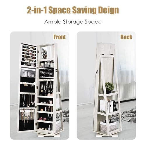 MAT EXPERT 360 Rotating Jewelry Armoire with Mirror, Freestanding Jewelry Storage Mirror w/78 Ring Slots, 24 Necklace Hooks, 120 Earring Slots, Lockable Jewelry Organizer for Makeup (White) thumbnail 8