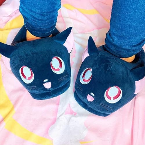 Glopastel Cat Slippers | Cute Anime Kawaii Blue Moon Ears Fuzzy Plush Slip-On House Shoes | One Size Adults Women Men thumbnail 2