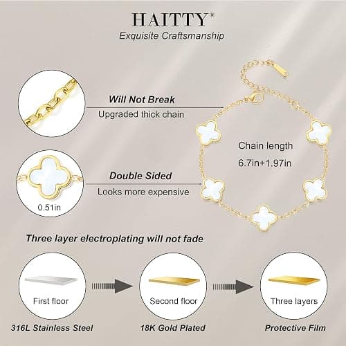 HAITTY 18K Gold Plated Clover Bracelet Set for Women White/Black/Gold/Silver/Green/Pink Adjustable Link Double-Sided Lucky Bracelets Trendy Bracelets Set Jewelry Gifts for Women Men thumbnail 2