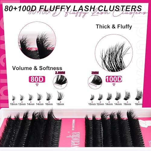 Fowendia Lash Clusters Kit Fluffy 80D 100D Individual Lashes Cluster Lashes Kit D Curl Cluster DIY Eyelash Extensions 10-18mm Bond and Seal Waterproof, Lash Applicator, Thick False Eyelashes thumbnail 2