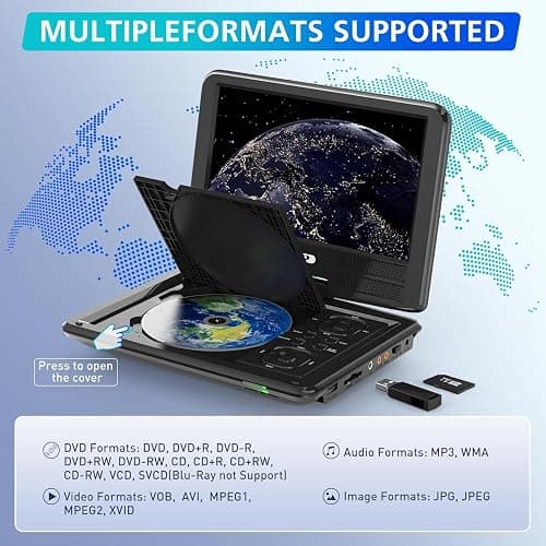 PJGCWB 11.5" Portable DVD Player with 9.5" Swivel Screen, 5-Hours Rechargeable Battery, Car DVD Player for Kids,，Supports SD Card/USB/CD/DVD and Multiple Disc Formats, High Volume Speaker(Inches, 9.5) thumbnail 2
