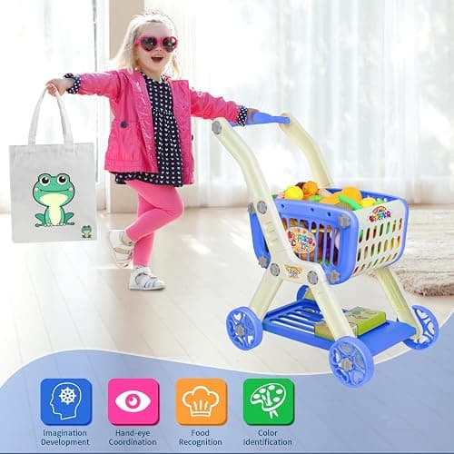 Kids Shopping Cart - 2 in 1 Toy Shopping Cart with Play Food Fruit Vegetable Dessert and Shop Accessories, 72pcs Pretend Play Grocery Store Toy Kitchen Game Trolley Play Set for Kids (Navy Blue) thumbnail 5