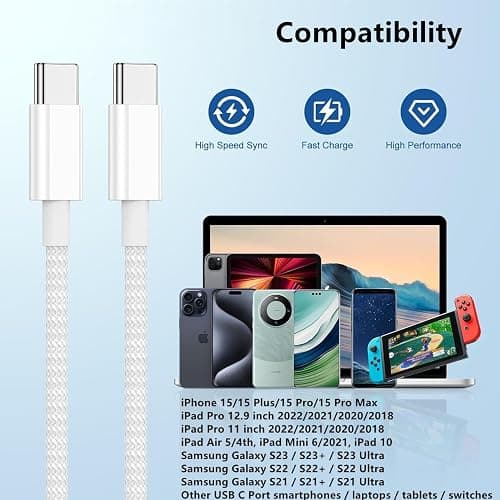 USB C to C Charger Cable 6ft, 60W Type C to C Fast Charging Cable Cord Long for Apple iPhone 17 Pro Max/17 Air/16 Pro Max/16 Pro/15 Plus/15 Pro Max/MacBook 2021/2020/2019,iPad Pro/Mini/Samsung Galaxy thumbnail 7