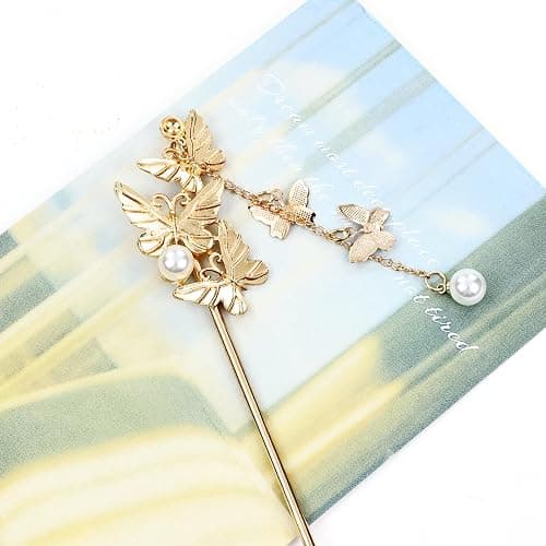 Cinaci 10 Pieces Decorative Vintage Retro Pearl Gold Metal Hair Sticks Pins with Pendants Chinese Hanfu Asian Flower Butterfly Hair Chopsticks Hair Bun Updo Holders Long Hairpins for Women Girls thumbnail 7