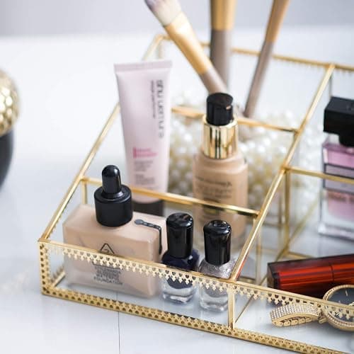 Makeup Organizer Antique Countertop Cosmetic Storage Box Glass Beauty Display, Gold Spin Large Capacity Holder for Brushes Lipsticks Skincare Toner thumbnail 5