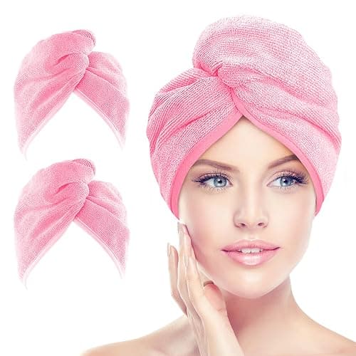 AIDEA Microfiber Hair Towel Wrap, 2 Pack Hair Turbans, Super Absorbent Quick Dry Hair Towel Wrap for All Hair Types Anti Frizz, 26"×10", Pink - Image 1