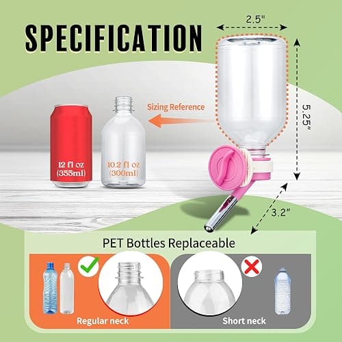 Choco Nose Patented No-Drip Water Bottle/Feeder for Guinea Pigs/Hamsters/Bunnies/Ferrets/Other Small Pets, Critters and Animals -for Cages, Crates or Wall Mount. 10.2 oz. Nozzle 10mm, Pink (C128) thumbnail 3
